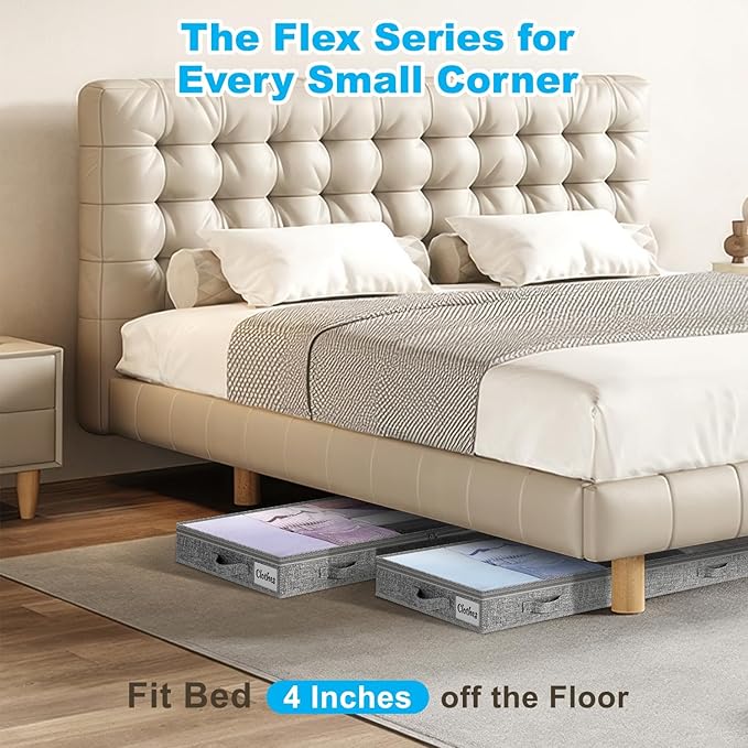4 Inch Low Profile Under Bed Storage Drawer 4 Pack, Lightweight Underbed Clothes Storage Container Bins With NO STURCTURE, Shallow Storage Bag for Dorm & Home, With Clear Lids & Water-Resistant Fabric