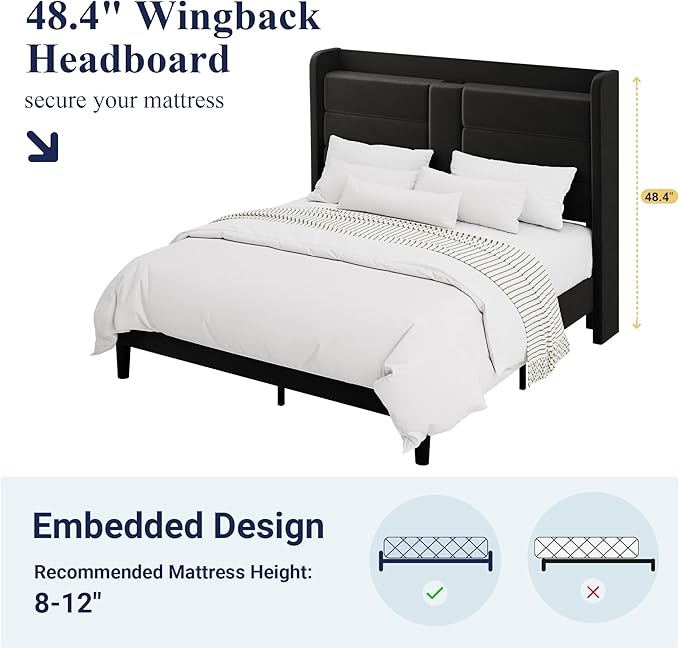 Allewie Full Size Platform Bed Frame with Charging Station & Storage Headboard, Upholstered Velvet Wingback Design & USB Port, Strong Wooden Slats Support, No Box Spring Needed, Easy Assembly, Black
