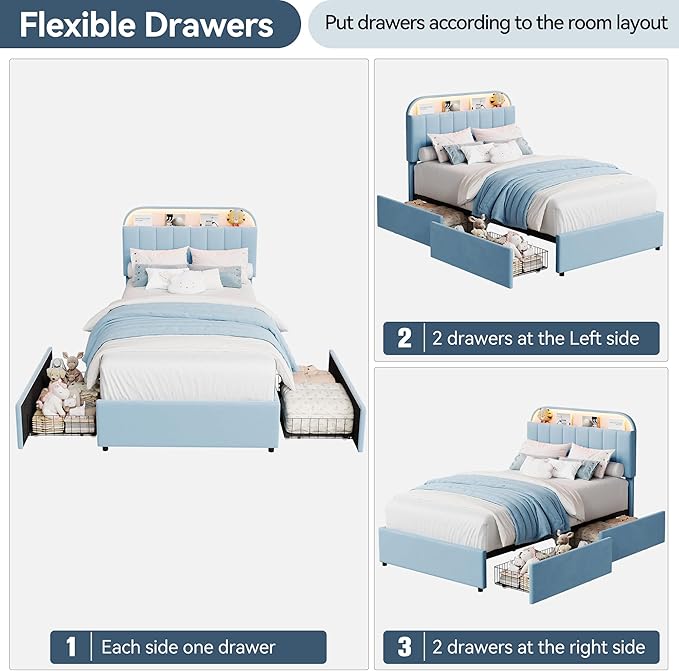 GarveeHome Twin Bed Frame with Storage Headboard, Kids Bed Frame with 2 Drawers, Velvet Upholstered Platform Bed Frame with Lights, No Box Spring Needed, Easy Assembly, Velvet Blue