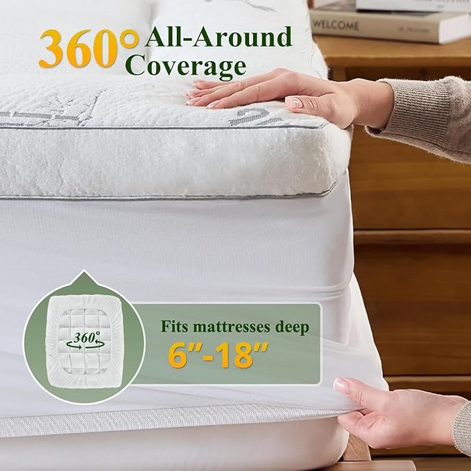 Memory Foam Mattress Topper - Viscose Made from Bamboo Pillow Top Thick Twin Size Mattress Pad for Back Pain, Ultra Soft & Cooling for Hot Sleepers, 6-18'' Deep Pocket, White