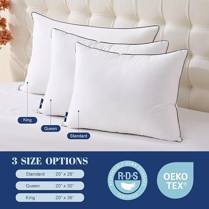Feather Down Pillows King Size Set of 2, Luxury Hotel Collection Bed Pillow 2 Pack, Airyfil Powered Fillings & Feathers, Fluffy Plush for Side Sleepers, Firm, 20x36 in, 100% Cotton
