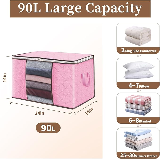 90L Clothes Blanket Storage Bags, 6 Pack Under Bed Storage Bins with Lids, Foldable Closet Organizer with Reinforced Handles for Clothing, Blanket, Comforters, Bed Sheets, Pillows and Toys, Pink