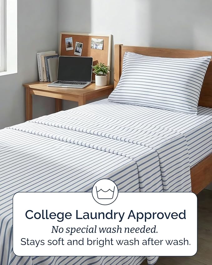 Twin XL 4 Piece Sheet Set - Comfy, Breathable & Cooling - Soft Hotel Luxury Bedding for Women, Men, Kids, Teens & Children - 1 Flat & 1 Fitted Sheet & 2 Pillowcases w/ Deep Pockets - Blue Stripes 2