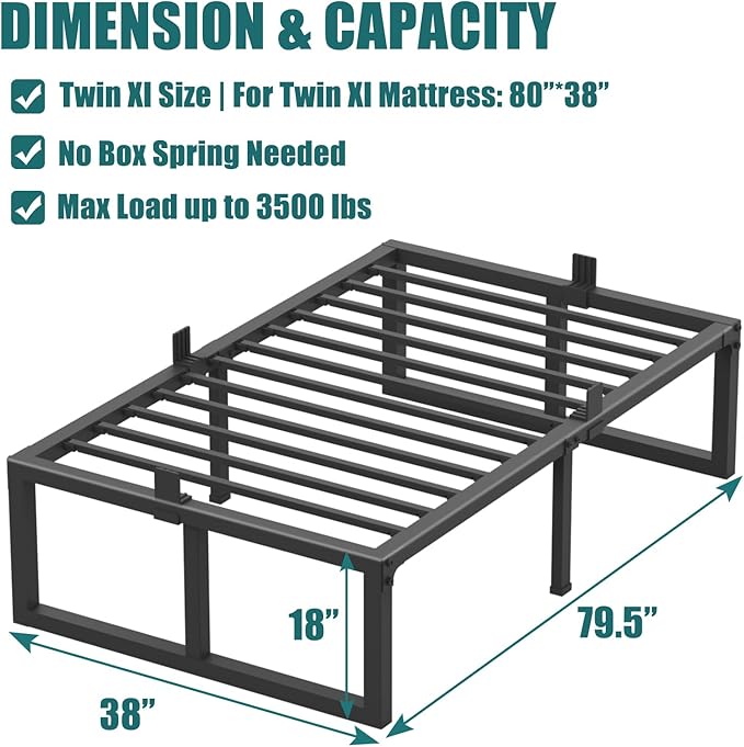 Yitong Angel Twin XL Size Bed Frame, 18 Inch Heavy Duty Support 3500 lbs Metal Platform, No Box Spring Needed/Noise Free/Non-Slip/Steel Slat Support/Easy Assembly