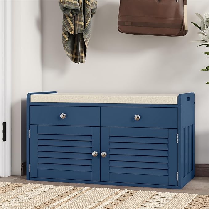 WARMHONIU Shoe Storage Bench with 2 Drawers, Entryway Bench with Cushion, Adjustable Shelves, Shoe Rack Bench with Louvered Doors for Entryway, Bedroom, Hallway, Blue