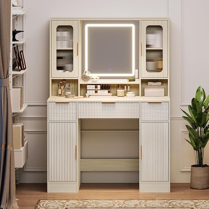 Garvee Vanity Desk with Mirror and Light, Modern Makeup Dressing Table with Adjustable 3 Colors Light, Vanities for Bedroom with 2 Glass Cabinet, 2 Large Cabinet, 3 Drawers & Storage Shelves, Natural