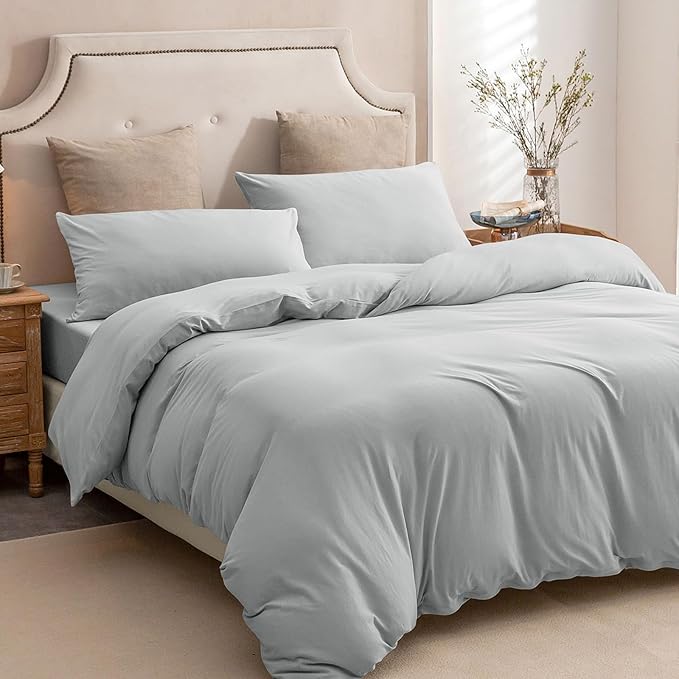 PURE ERA Jersey Knit Duvet Cover Set 100% T-Shirt Cotton Super Soft Comfy 3pc Bedding Set with Zipper Closure (Solid Light Grey, Queen, 90"X90")