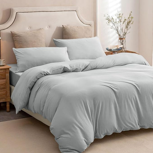PURE ERA Jersey Knit Duvet Cover Set 100% T-Shirt Cotton Super Soft Comfy 3pc Bedding Set with Zipper Closure (Solid Light Grey, Queen, 90"X90")