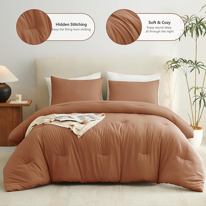 CozyLux Queen Comforter Set Pumpkin, 3 Pieces Solid Comforters Queen Size Breathable Bedding Sets, Fall Luxury Soft Lightweight Bed Set with Down Alternative Comforter and 2 Pillowcases All Seasons