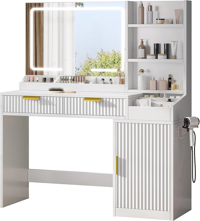 YITAHOME Large Makeup Vanity Desk with Mirror and Lights, Fluted Vanity Table with 2 Drawers & Adjustable Shelves, Makeup Mirror in 3 Modes Lighting, Dressing Table Set w/Charging Station, White