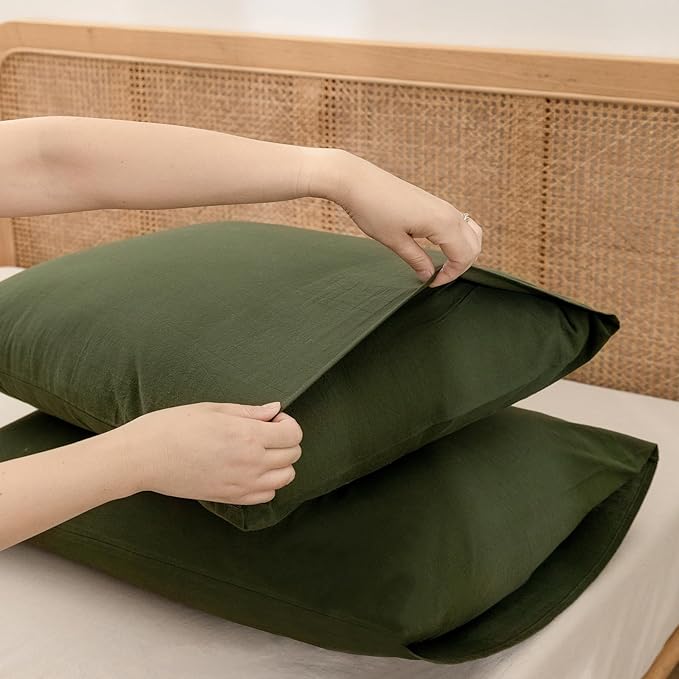 BESTOUCH 100% Washed Cotton Pillowcase for Hair and Skin Linen Feel Soft Comfortable Breathable 2 Set Pillow Case with Envelope Closure Solid Olive Green Queen 20x30 Inches