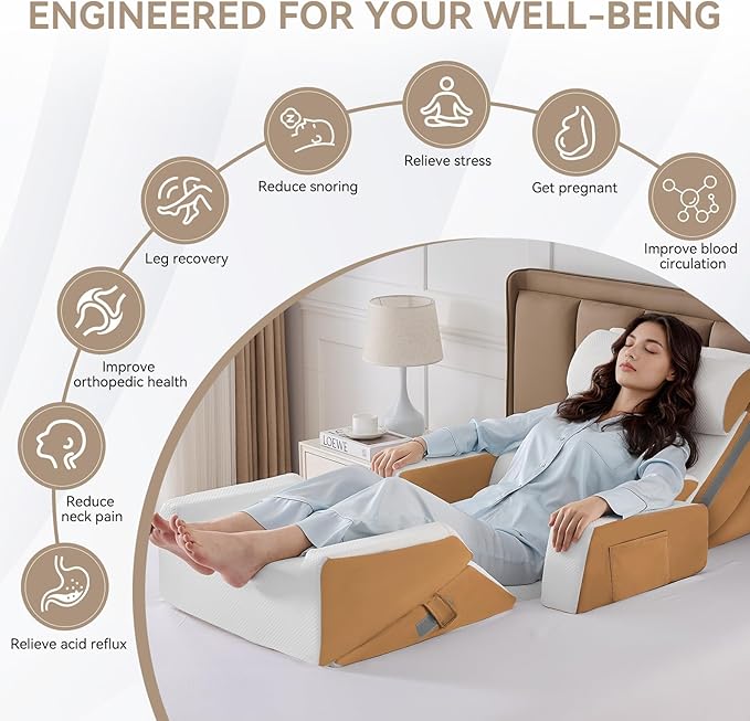Yojoker 9PCS Orthopedic Bed Wedge Pillow Set for Sleeping, Back and Leg Pain Relief, Post Surgery Foam Pillow for Body, Triangle Adjustable Support Pillow - Acid Reflux Sleeping Pillows Brown