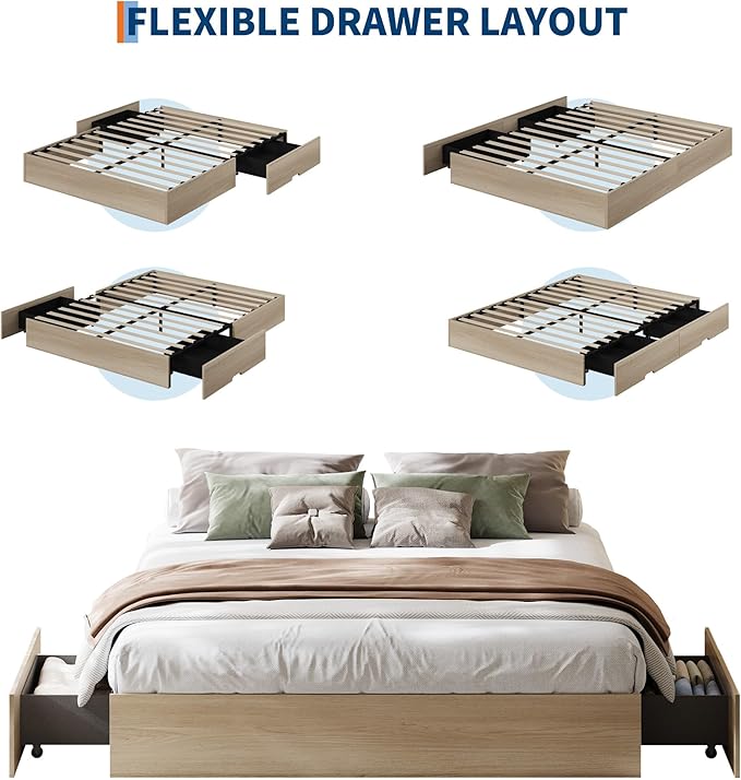 GarveeHome California King Wood Platform Bed Frame with 2 Storage Drawers, Wooden Bed Frame Without Headboard, Wood Slat Support, No Box Spring Needed, Easy Assembly