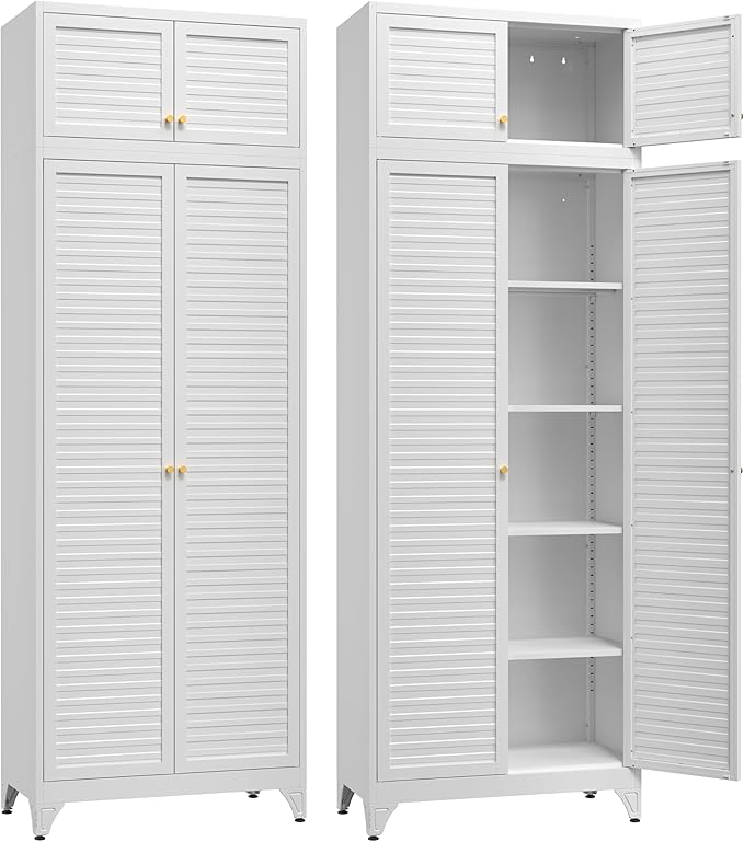 SteeLoong Kitchen Pantry Cabinet,90" Metal Storage Cabinet with Doors and 4 Adjustable Shelves,White Tall Locker Organizer Steel Garage Cabinets for Tool,File Cabinet for Office,Kitchen,Garage,School