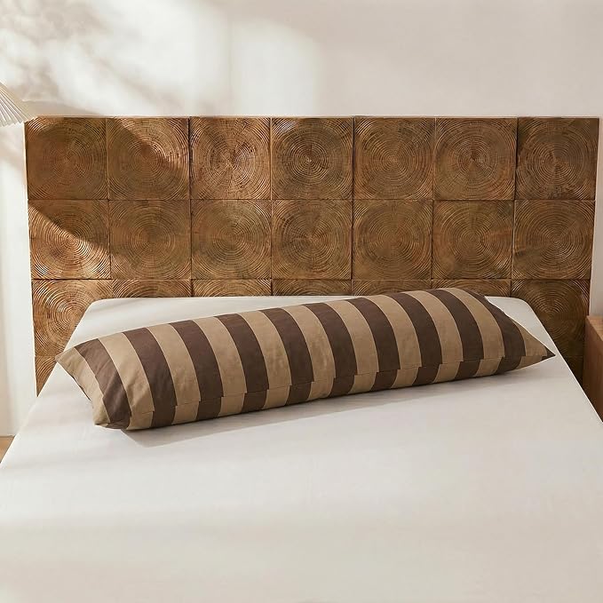 Merryword Body Pillow Cover 20x54inches, 100% Cotton Pillow Case, Brown and Khaki Striped Pillowcase, Luxury Linen Like Pillowcase, Soft Breathable Wide Stripes Long Pillowcase, 1-Piece
