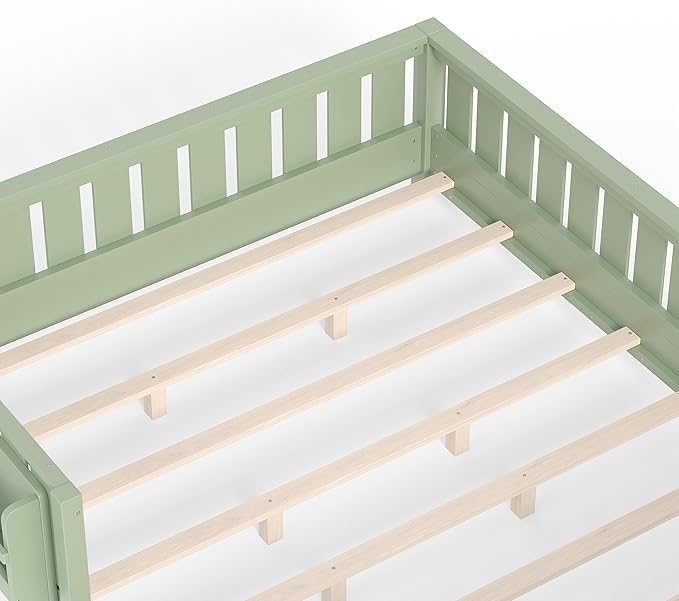 Bellemave Queen Floor Bed Frame with Fence & Bookshelf, Solid Pinewood Montessori Floor Bed Frame Queen with Slats Load 550LBS, Low Floor Bed for Bedroom, Nursery, Easy Assembly, Green