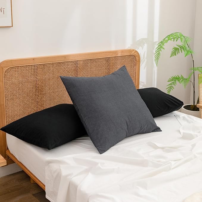 BESTOUCH 100% Washed Cotton Pillowcase for Hair and Skin Linen Feel Soft Comfortable Breathable 2 Set Pillow Case with Envelope Closure Solid Dark Black Euro 26x26 Inches