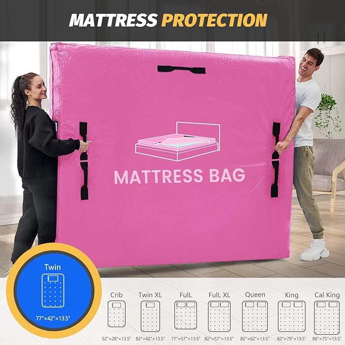 Mattress Bags for Moving and Storage, BETU Twin Mattress Protector Waterproof Mattress Cover with 8 Heavy Duty Handles and Zipper Extra Thick Moving Supplies for Dorm Bed Reusable (77x42x13.5 Pink)