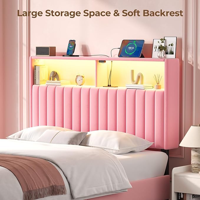 Rolanstar Headboard for Twin Size Bed with Storage, Head Board with USB & Type C Port, 60,000 DIY Color of LED Light, Velvet Upholstered, Height Adjustable, Sturdy, Easy Assembly, Pink