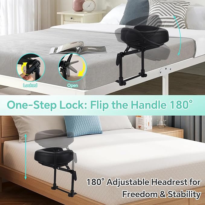 Portable Massage Headrest for Bed, Adjustable Face Cradle & Face Down Pillow with Memory Foam & PU Leather, Foldable Home Massage Kit for Mattress Top, Fits 5.5-17.7" Mattress