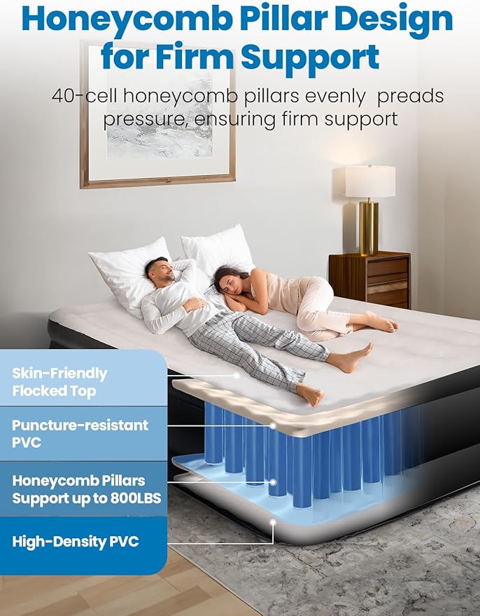 CHERIMOR Queen Air Mattress with Built-in Pump, 18" Raised Comfort, 48Hr Leak-Proof Test, Upgraded Honeycomb Pillar Design, Supports 800 lbs, 3-Min Inflation-Inflatable Bed for Home Guests & Camping