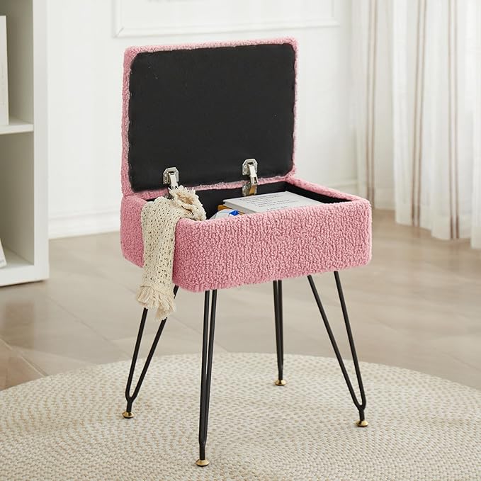 Vanity Stool Chair, Faux Teddy Fur Ottoman Foot Stool with Metal Legs & Adjustable Black Feet, Flip Top Storage Makeup Stool with Soft Padded Seat, Foot Rest for Makeup Room Bedroom, Pink