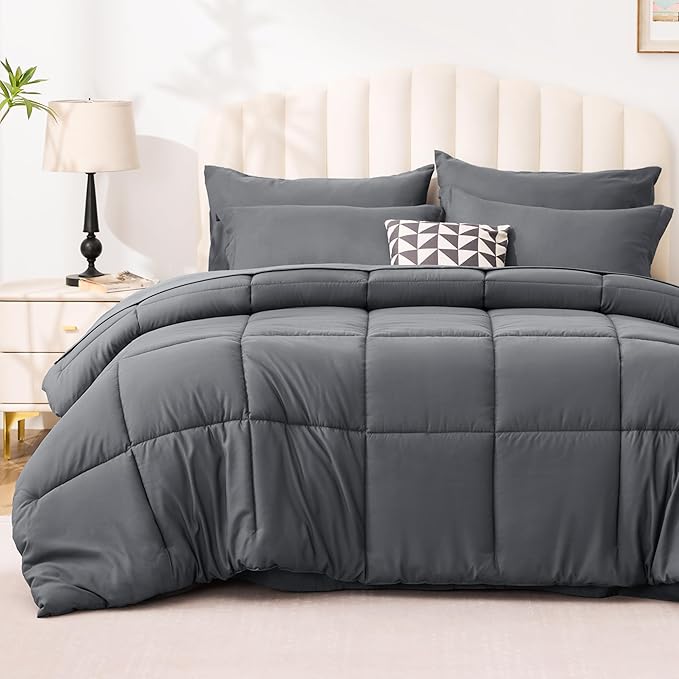 Love's cabin Full Comforter Set Soot Grey, 7 Pieces Full Bed in a Bag, All Season Bedding Sets with 1 Comforter, 1 Flat Sheet, 1 Fitted Sheet, 2 Pillowcase and 2 Pillow Sham | Soft, Breathable, Lightweight, Comfortable