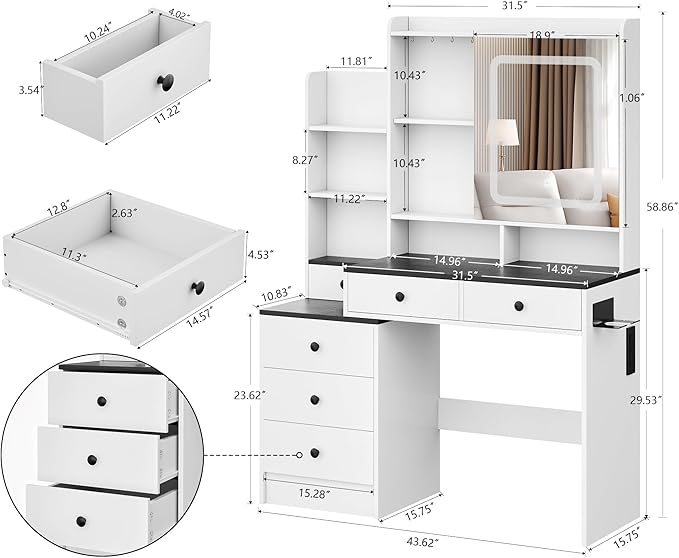 KAMABOKO Vanity Desk with Lighted and Mirror, White Makeup Table with Drawers and Charging Station, 3 Model Adjustable for Bedroom & Dressing Room (042 Black)