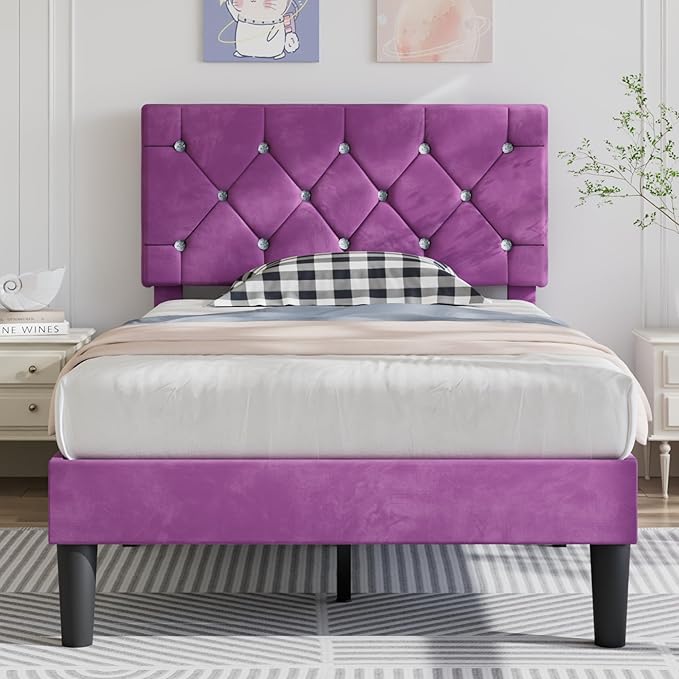 VECELO Twin Size Bed Frame, Upholstered Platform with Adjustable Diamond Tufted Headboard, Wood Slat Support, No Box Spring Needed, Purple