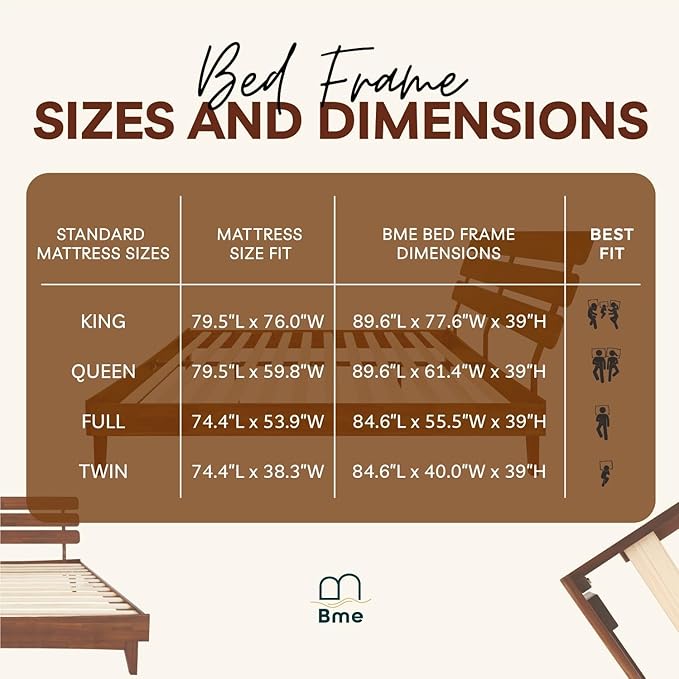 Bme Caden Queen Bed Frame and Adjustable Headboard, 15 Inch Mid Century Retro Style - Solid Acacia Wood - No Box Spring Needed - 12 Strong Wood Slat Support - Easy Assembly - Dark Chocolate