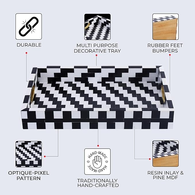 Handicrafts Home Optique Pixel Ottoman Tray 17x11, Handmade Resin Inlay Decorative Tray, Black White Geometric Coffee Table Centerpiece, Large Designer Serving Tray for Living Room Décor