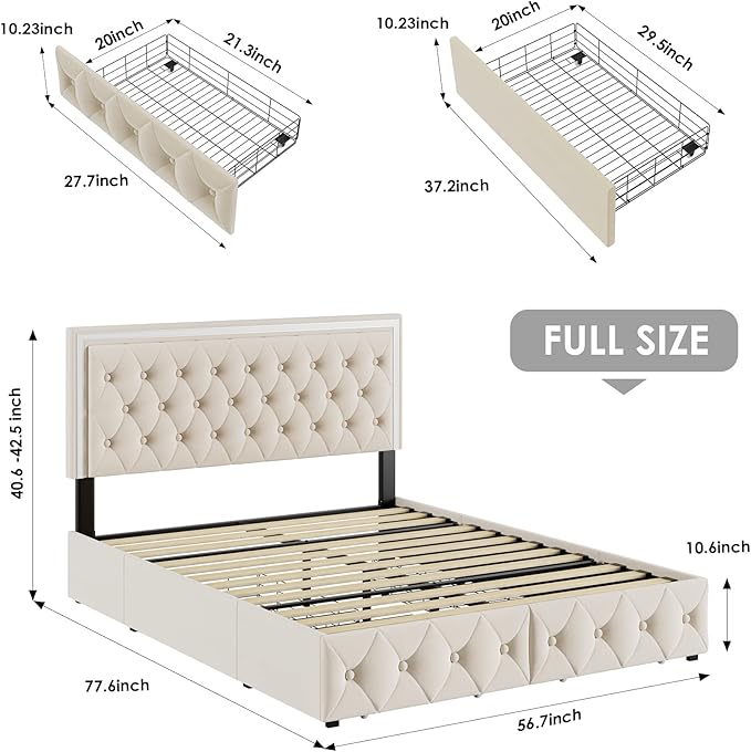 Keyluv Full Upholstered LED Bed Frame with 4 Drawers, Velvet Platform Storage Bed with Adjustable Button Tufted Headboard and Solid Wooden Slats Support, No Box Spring Needed, Beige