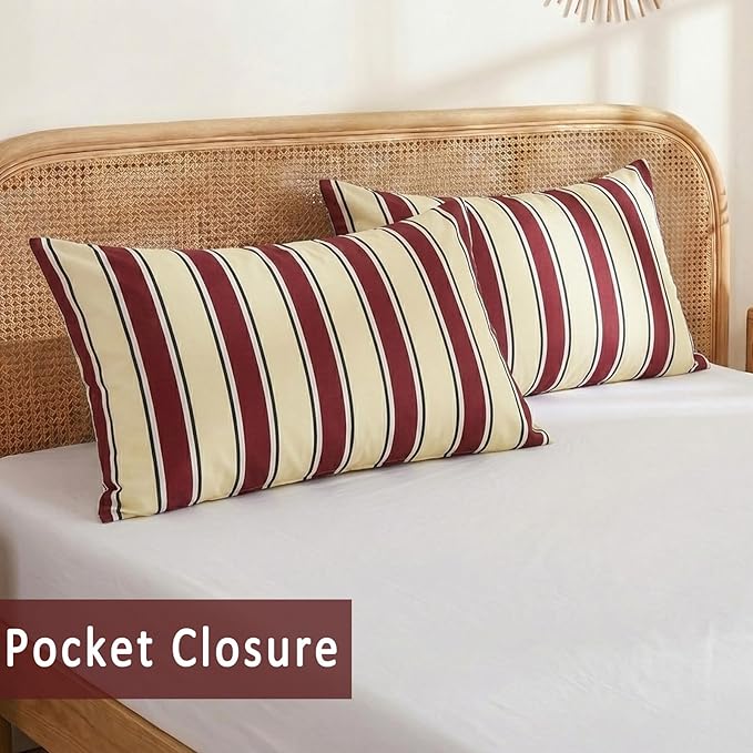 Merryword 100% Cotton Pillow Cases, Queen Size Pillowcases, Burgundy & Cream Striped Pillowcases, Luxury Linen Like Pillowcase, Soft Breathable Stripes Pillow Covers, Set of 2