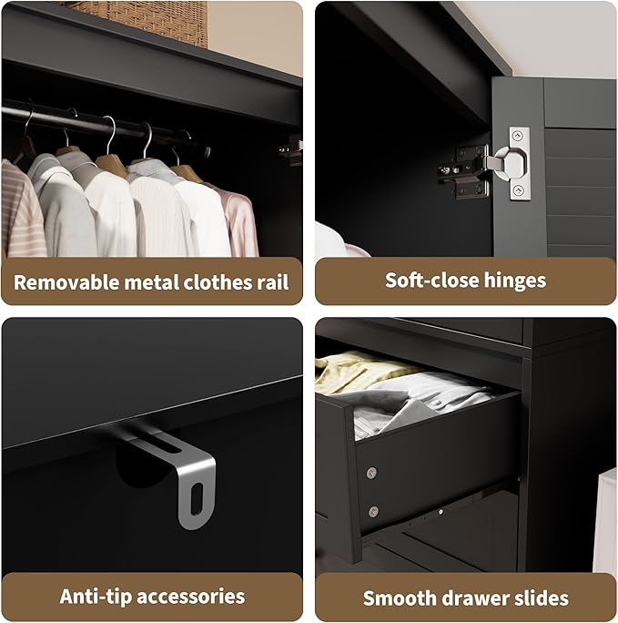 GarveeHome Armoire Wardrobe Closet with 3 Drawers, 69.5" Wooden Wardrobe Cabinet, Hanging Rod, 2 Doors Clothing Storage Cabinet for Bedroom, Large Capacity Storage, Louvered Door, Black