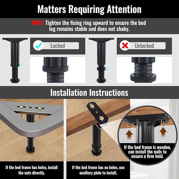 YHK 8PCS Adjustable Height Bed Support Legs 5.0-7.8inch, Heavy Duty Bed Frame Support Legs for Bed Slat and Frame, Plastic Bed Frame Support Replacement Bed Support Reinforcement Parts