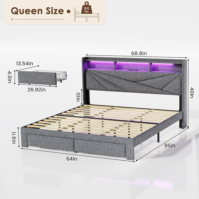 Driftalia LED Queen Bed Frame with 2 Storage Drawers, Upholstered Bed Frame Queen Size with Headboard and Charging Station, No Box Spring Needed, Easy to Assembly-Light Grey