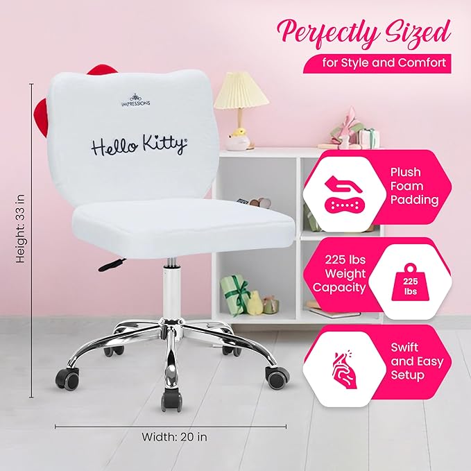 Impressions Vanity Hello Kitty Teddy Swivel Vanity Chair for Makeup Desk, Armless Rolling Chair with Wheels, Adjustable Height, 360 Degree Swing, Comfy Foam Padded Seat and Backrest (Teddy White)