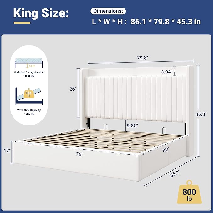 Allewie King Size Lift Up Storage Bed Frame,Storage Shelf Headboard with Charging Station,Type-C and USB Ports,Hydraulic Support,Velvet Upholstered Bed Frame,No Box Spring Needed,White