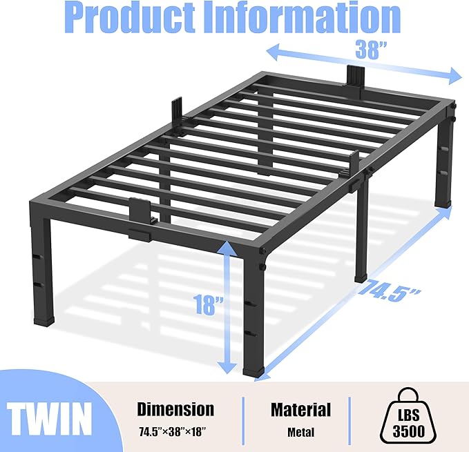 Yitong Angel Twin Size Bed Frames 18 inch High 3500 lbs Heavy Duty Metal Platform, Mattress Foundation with Steel Slat Support/No Box Spring Needed/Noise Free/Non-Slip/Easy Assembly