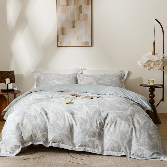 OAITE Duvet Cover Set Queen Size Floral Pattern Ultra Soft 100% Cotton Duvet Cover Sets 3-PC, Breathable Duvet Cover with Zipper Closure & Corner Ties(2 Pillow Shams,1 Duvet Cover)