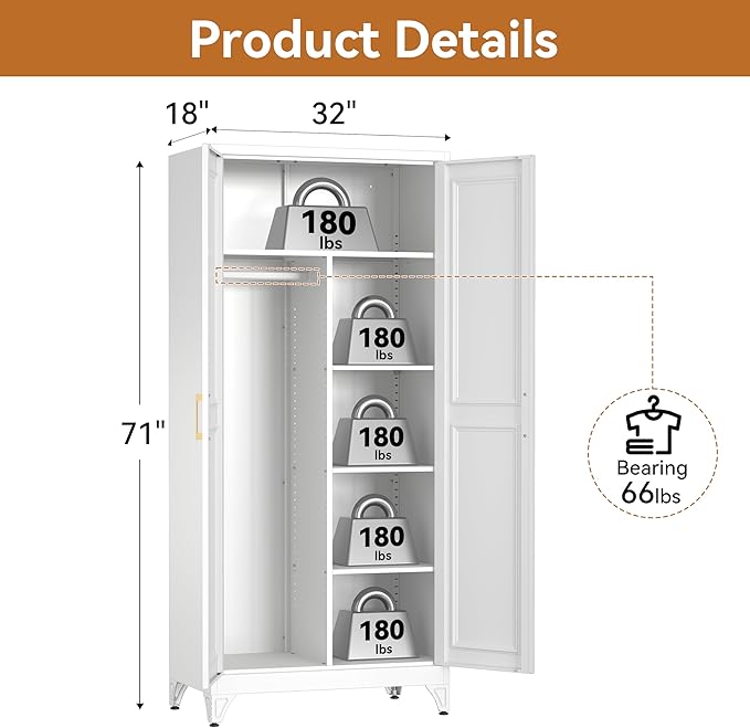 Polup Metal Armoire Wardrobe Closet, 71" Tall White Wardrobe Cabinet with 2 Doors, Hanging Rod and Adjustable Shelves, Steel Clothing Storage Cabinet for Bedroom, Home, Employee, Gym, Office