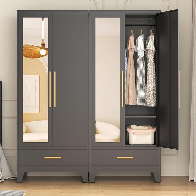 72" Tall Metal Wardrobe Closet - Large Clothing Storage Cabinet with 1 Hanging Rod, 1 Adjustable Shelve, 1 Drawer & Mirror Doors - Closet Organizer for Bedroom, Office, Laundry Room, Garage - Black