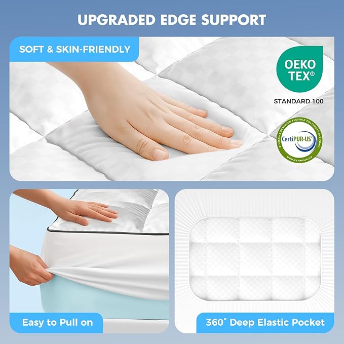 Dual Layer 4 Inch Memory Foam Mattress Topper California King, 2 Inch Cooling Gel Memory Foam and 2 Inch Pillow Top Mattress Pad Cover for Back Pain, Deep Elastic Pocket, Medium Support, White