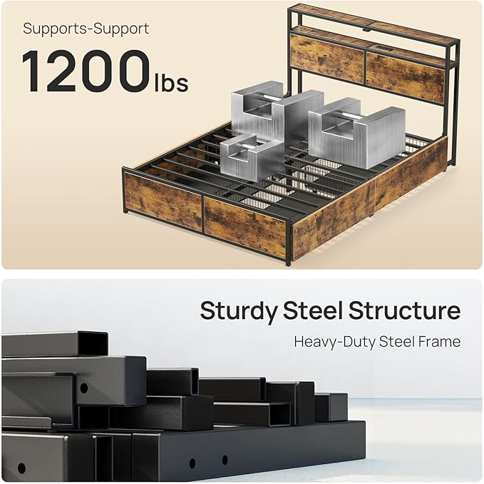 Rolanstar Queen Bed Frame with 4 Storage Drawers, Charging Station and LED Lights, Metal Platform Bed with 2-Tier Storage Headboard, No Box Spring Needed, Easy Assembly, Noise-Free, Rustic Brown
