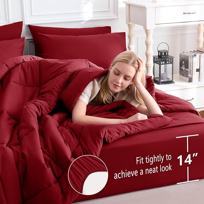 CozyLux Oversized King Comforter Sets Dark Red, 7 Pieces Bed in a Bag, Ultra-Soft All Season Bedding Sets with Stitch Quilted Comforter, Flat Sheet, Fitted Sheet, Pillowcases