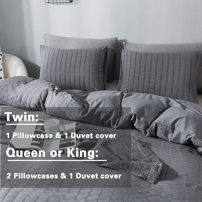 AveLom Seersucker Duvet Cover Set Full Size (80 x 90 inches), 3 Pieces (1 Duvet Cover + 2 Pillow Cases), Dark Gray Ultra Soft Washed Microfiber, Textured Duvet Cover with Zipper Closure, Corner Ties