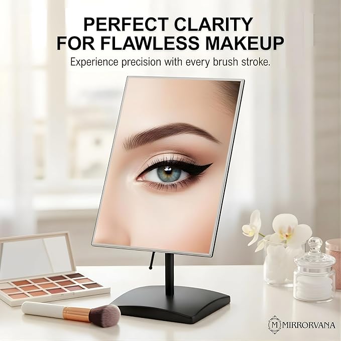 MIRRORVANA Large Table Desk Mirror with Stand for Office Desktop, Makeup Vanity and Bathroom Countertop - Personal Adjustable Face Mirror - 9.8" x 7" (Black)