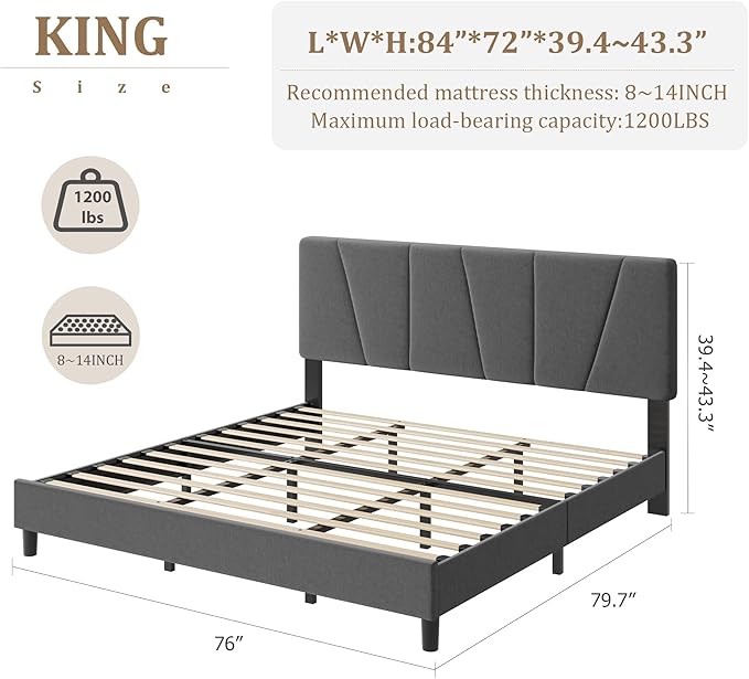 King Size Upholstered Platform Bed Frame with Adjustable Headboard, Fits 8-14 Inch Mattress, Heavy Duty Bed Frame with Wooden Slats Support, Noise-Free, Non-slip, No Box Spring Needed, Easy Assembly