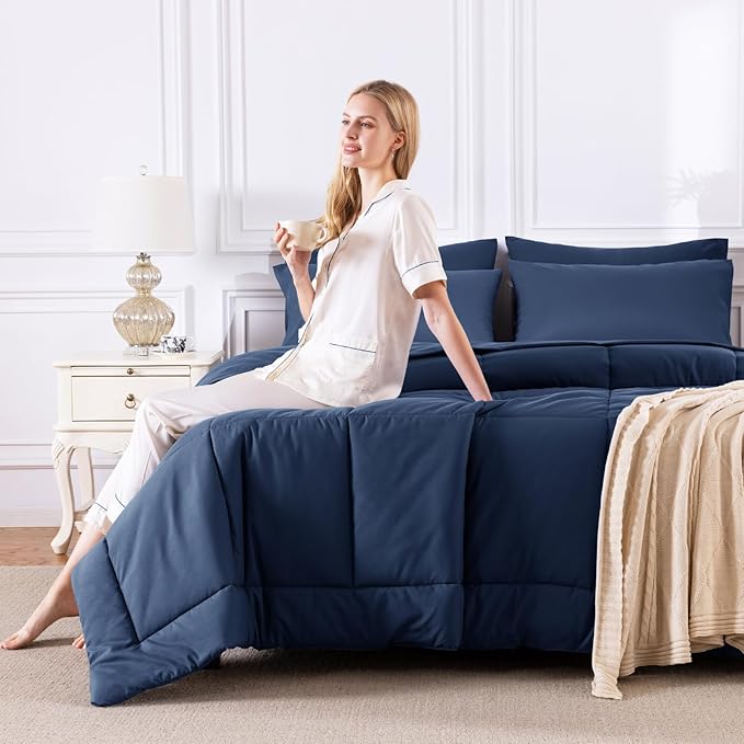 CozyLux Twin XL Comforter Set Navy Blue, 5 Pieces Twin Extra Long Bed in a Bag for College Dorm, All Season Bedding Set with Stitch Quilted Comforter, Flat Sheet, Fitted Sheet, Pillowcases