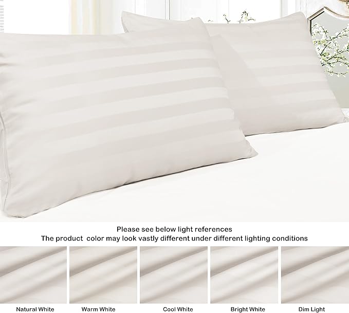 100% Egyptian Cotton Pillow Protectors Set of 2, 600 Thread Count Bed Pillow Cases with Zipper, Sateen Weave Cooling Pillow Cases Quiet and Breathable Easy Care (2PCS, Standard, Striped Light Beige)
